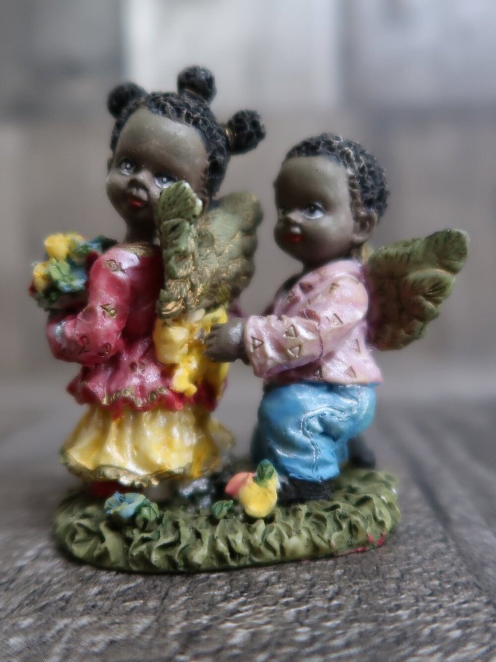 Small Black African American Boy & Girl Angel Cherub Figurine Brother Sister